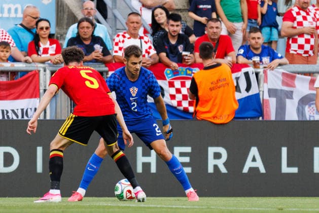 Pre-World cup International Friendly, Länderspiel, Nationalmannschaft 2026 match between Croatia and Belgium Josip Stanisic (Croatia 2) and Maximiliano De Cuyper (Belgium 5) seen in action during Pre-World cup international friendly 2026 football match between Croatia and Belgium Stadion HNK Rijeka, Rijeka, Croatia 02.06.2026 Copyright: xBEAUTIFULxSPORTS Bosnjakovicx