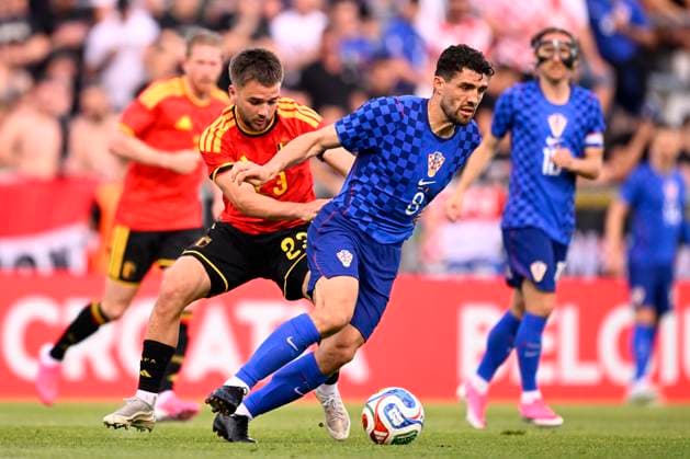 Croatia vs Belgium - friendly match RIJEKA, CROATIA - JUNE 02 : Kovacic Mateo midfielder of Croatia and Raskin Nicolas midfielder of Belgium battle for the ball during a friendly match between Croatia and Belgium ahead of the FIFA World Cup, WM, Weltmeisterschaft, Fussball 2026 on June 02, 2026 in Rijeka, Croatia, 02 06 2026 Rijeka Croatia  Copyright: xTomasxSiskx