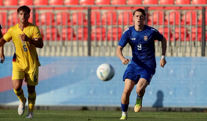 02.06.2026 Stara Pazova Serbia-Romania U17, U 17 U-17 Under 17 International Friendly, Länderspiel, Nationalmannschaft men s football Ioan Precup (L) Romania, Tadija Samardzic(R) Serbia : wfbgxv