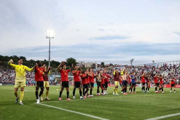 Belgium s players celebrate after winning a friendly soccer game between Croatia and Belgian national soccer team Red Devils, in Rijeka, Croatia, on Tuesday 02 June 2026, part of the preparations for the 2026 FIFA World Cup, WM, Weltmeisterschaft, Fussball BRUNOxFAHY  x175763913x