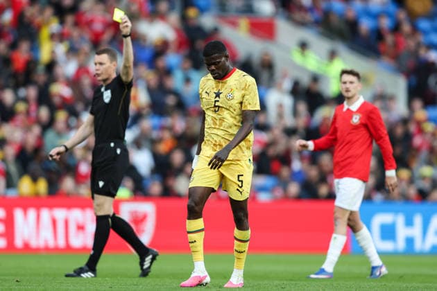 Cardiff, Wales, 2nd June 2026. Thomas Partey of Ghana is shown a yellow card during the Wales vs Ghana International Friendly, Länderspiel, Nationalmannschaft match at the Cardiff City Stadium, Cardiff. Picture credit should read: Gareth Evans Sportimage EDITORIAL USE ONLY. No use with unauthorised audio, video, data, fixture lists, club league logos or live services. Online in-match use limited to 120 images, no video emulation. No use in betting, games or single club league player publications. SPI_020_GE_WALES_vs_GHANA SPI-4832-0020