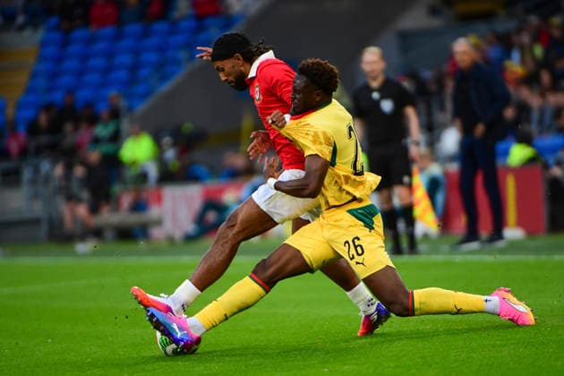 RECORD DATE NOT STATED 2nd June 2026; Cardiff City Stadium, Cardiff, Wales; Friendly International Football, Wales versus Ghana; Marvin Senaya of Ghana tackles Sorba Thomas of Wales AledxHopkins