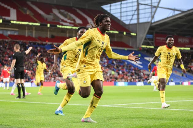 Cardiff, Wales, 2nd June 2026. Caleb Yirenkyi of Ghana celebrates his goal to make it 0-1 during the Wales vs Ghana International Friendly, Länderspiel, Nationalmannschaft match at the Cardiff City Stadium, Cardiff. Picture credit should read: Gareth Evans Sportimage EDITORIAL USE ONLY. No use with unauthorised audio, video, data, fixture lists, club league logos or live services. Online in-match use limited to 120 images, no video emulation. No use in betting, games or single club league player publications. SPI_025_GE_WALES_vs_GHANA SPI-4832-0024