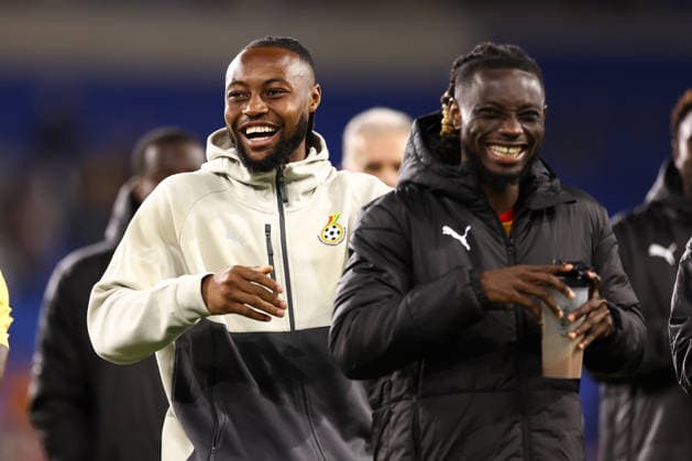 Wales v Ghana 02 June 2026, Cardiff - International Friendly, Länderspiel, Nationalmannschaft - Wales v Ghana - Antoine Semenyo of Ghana has a laugh with Gideon Mensah - Photo: Jacques Feeney Offside. Cardiff UK Copyright: xJacquesxFeeneyx xOffsidexOffside