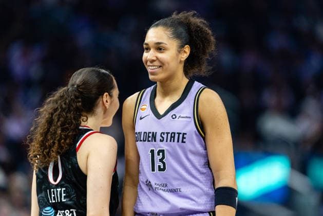 SAN FRANCISCO, CA - JUNE 02: Janelle Salaun 13 of the Golden State Valkyries smiles next to Carla Leite 0 of the Portland Fire during a game on June 2, 2026 at Chase Center in San Francisco, CA. (Photo by Matthew Huang Icon Sportswire) WNBA, Basketball Damen, USA JUN 02 Portland Fire at Golden State Valkyries EDITORIAL USE ONLY Icon260602011