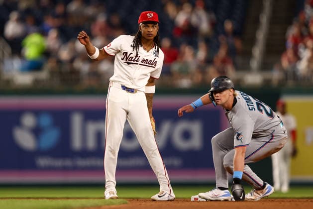 June 2, 2026, Washington D.C, District Of Columbia, United States: Washington, DC; Washington Nationals shortstop CJ Abrams (5) throws to first to try and make the out during the Major League Baseball game between the Washington Nationals and the Miami Marlins at Nationals Park on Tuesday, June 2, 2026. The Marlins beat the Nationals 7-3. Washington D.C United States - ZUMAp258 20260602_znp_p258_078 Copyright: xStevexPrakopex