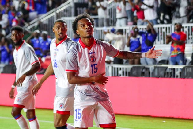 FT LAUDERDALE, FL - JUNE 2: Haiti forward Ruben Providence (15) and Haiti forward Wilson Isidor (18) celebrate a goal scored during the International Friendly, Länderspiel, Nationalmannschaft game between Haiti and New Zealand at Chase Stadium on June 2, 2026 in Fort Lauderdale,Florida.(Photo by Chris Arjoon Icon Sportswire) SOCCER: JUN 02 Haiti vs New Zealand EDITORIAL USE ONLY Icon2602060010010