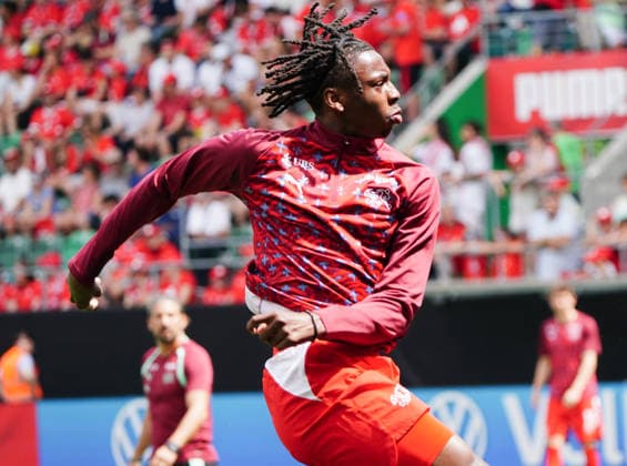 31.05.2026 Schweiz St.Gallen Fussball Saison 2025-2026 Laenderspiel Schweiz - Jordanien 4. 1 Bild, Johan Manzambi SUI Aktion Einzelbild *** 31 05 2026 Switzerland St Gallen Soccer season 2025 2026 Switzerland Jordan 4 1 picture, Johan Manzambi SUI action single picture 