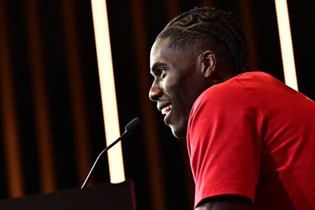 Belgium s Amadou Onana pictured during a press conference, PK, Pressekonferenz of Belgian national soccer team Red Devils for the 2026 FIFA World Cup, WM, Weltmeisterschaft, Fussball at the Proximus Basecamp in Tubize, on Wednesday 03 June 2026. The 2026 FIFA World Cup will take place in the United States, Mexico, and Canada from 11 06 to 19 07. BRUNOxFAHY  x175809013x