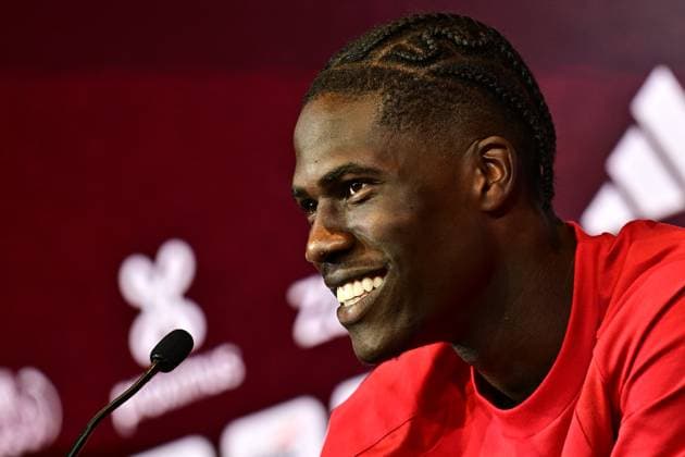 Belgium s Amadou Onana pictured during a press conference, PK, Pressekonferenz of Belgian national soccer team Red Devils for the 2026 FIFA World Cup, WM, Weltmeisterschaft, Fussball at the Proximus Basecamp in Tubize, on Wednesday 03 June 2026. The 2026 FIFA World Cup will take place in the United States, Mexico, and Canada from 11 06 to 19 07. BRUNOxFAHY  x175808997x
