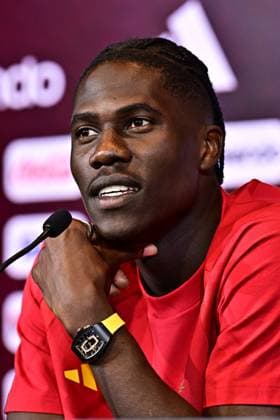 Belgium s Amadou Onana pictured during a press conference, PK, Pressekonferenz of Belgian national soccer team Red Devils for the 2026 FIFA World Cup, WM, Weltmeisterschaft, Fussball at the Proximus Basecamp in Tubize, on Wednesday 03 June 2026. The 2026 FIFA World Cup will take place in the United States, Mexico, and Canada from 11 06 to 19 07. BRUNOxFAHY  x175809016x