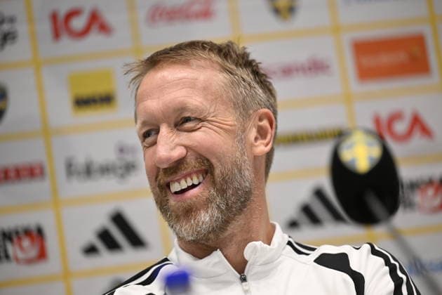 STOCKHOLM , SVERIGE 20260603 Förbundskapten Graham Potter under en pressträff i samband med fotbollslandslagets träning pa Strawberry arena inför träningslandskamp mot Grekland och kommande VM-slutspel. STOCKHOLM SVERIGE x10050x Copyright: xPontusxLundahl TTx FOTBOLLSLANDSLAGET PRESSTRÄFF