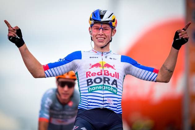Latvian Krists Neilands of NSN Cycling Team celebrates as he crosses the finish line to win the third stage of the Tour De Wallonie cycling race, from Habay to Vaux-sur-SÃ»re (176,9 km), on Wednesday 03 June 2026. DAVIDxPINTENS  x175836970x