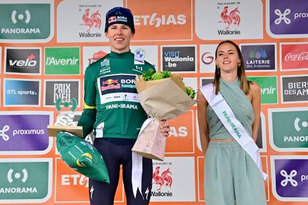 Tour de Wallonie 2026 Stage 3 VAUX-SUR-SÛRE, BELGIUM - JUNE 03 : Pithie Laurence (NZL) of Red Bull BORA Hansgrohe pictured during the podium ceremony of stage 3 of the 47th edition of Ethias Tour de Wallonie an UCI ProSeries 2.Pro cycling road race stage for Men Elite of 176.9 km with start in Habay and finish in Vaux-sur-Sûre on June 3, 2026 in Vaux-sur-Sûre, Belgium, 03 06 2026 ( Motordriver Pieter Van Herzele - Vaux-sur-Sûre Belgium  Copyright: xSesx