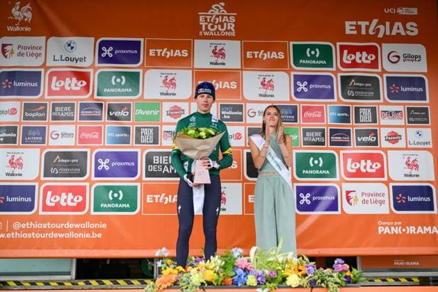 New Zealander Laurence Pithie of Red Bull-BORA-hansgrohe pictured on the podium after the third stage of the Tour De Wallonie cycling race, from Habay to Vaux-sur-SÃ»re (176,9 km), on Wednesday 03 June 2026. DAVIDxPINTENS  x175841387x