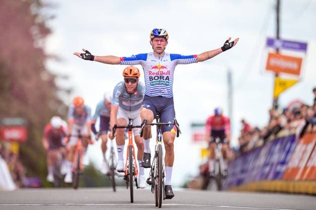 New Zealander Laurence Pithie of Red Bull-BORA-hansgrohe celebrates as he crosses the finish line to win the third stage of the Tour De Wallonie cycling race, from Habay to Vaux-sur-SÃ»re (176,9 km), on Wednesday 03 June 2026. DAVIDxPINTENS  x175841429x