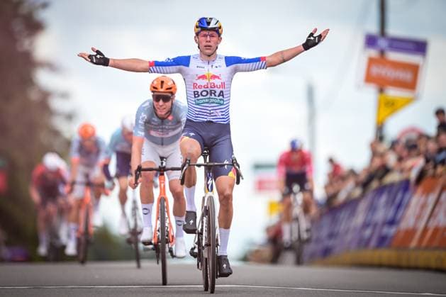 New Zealander Laurence Pithie of Red Bull-BORA-hansgrohe celebrates as he crosses the finish line to win the third stage of the Tour De Wallonie cycling race, from Habay to Vaux-sur-SÃ»re (176,9 km), on Wednesday 03 June 2026. DAVIDxPINTENS  x175841431x