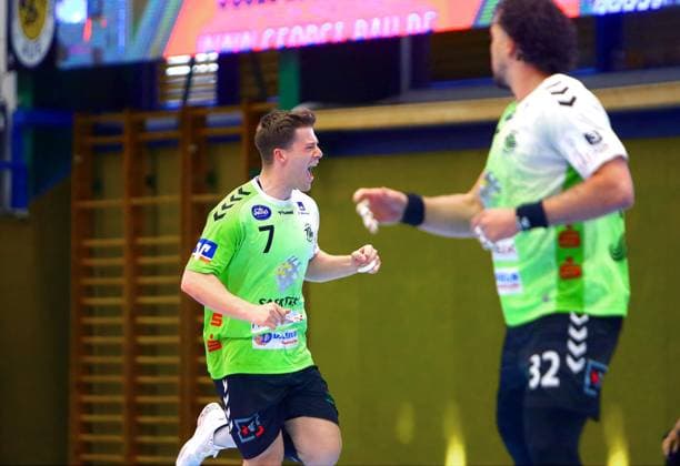 Handball, Qualifikation zur 2. HBL, EHV Aue - TV Emsdetten In Jubelpose: Yannick Terhaer (Emsdetten) Handball-Qualifikationsspiel zur 2.Liga EHV Aue - TV Emsdetten am 3.6.2026 EHV Aue - TV Emsdetten