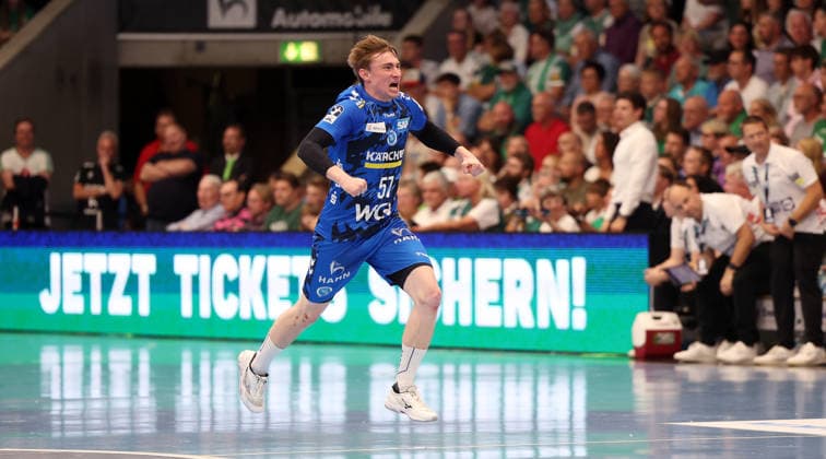 Handball, HBL, Frisch Auf! Göppingen - TVB 1898 Stuttgart #3 Göppingen Handball Frisch Auf ! Göppingen vs. TVB Stuttgart, Jakob Nigg (TVB) jubelt