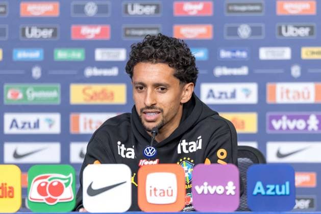 Fußball, FIFA WM 2026, Nationalteam Brasilien, Pressekonferenz Brazilian national team, Nationalteam press conference, PK, Pressekonferenz Marquinhos jogador da selecao brasileira atende jornalistas durante coletiva de imprensa no hotel The Ridge na cidade de Basking Ridge em Nova Jersei nos Estados Unidos nesta quarta-feira, 03 de junho de 2026. Basking Ridge NJ UNITED STATES Copyright: xWilliamxVolcovx