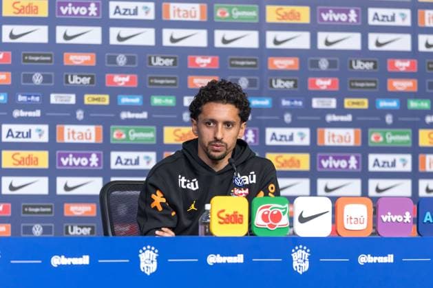 Fußball, FIFA WM 2026, Nationalteam Brasilien, Pressekonferenz Brazilian national team, Nationalteam press conference, PK, Pressekonferenz Marquinhos jogador da selecao brasileira atende jornalistas durante coletiva de imprensa no hotel The Ridge na cidade de Basking Ridge em Nova Jersei nos Estados Unidos nesta quarta-feira, 03 de junho de 2026. Basking Ridge NJ UNITED STATES Copyright: xWilliamxVolcovx