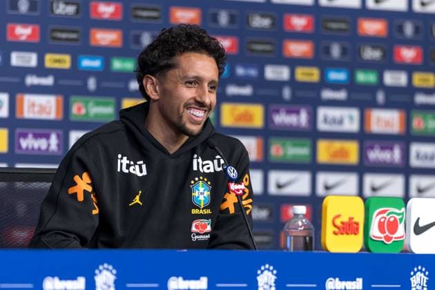 Fußball, FIFA WM 2026, Nationalteam Brasilien, Pressekonferenz Brazilian national team, Nationalteam press conference, PK, Pressekonferenz Marquinhos jogador da selecao brasileira atende jornalistas durante coletiva de imprensa no hotel The Ridge na cidade de Basking Ridge em Nova Jersei nos Estados Unidos nesta quarta-feira, 03 de junho de 2026. Basking Ridge NJ UNITED STATES Copyright: xWilliamxVolcovx