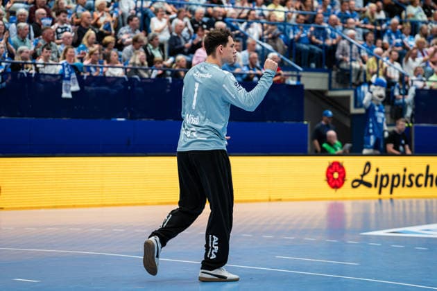 Handball, HBL, TBV Lemgo - SC DHfK Leipzig #2 TBV Lemgo Lippe (GER) vs. SC DHfK Leipzig (GER), Handball, Daikin Handball Bundesliga, 33. Spieltag, 3.6.2026, Saision 2025 2026, Lemgo Constantin Moestl (TBV Lemgo Lippe, 01) jubelt nach einer Parade Lemgo Phoenix Contact Arena Deutschland