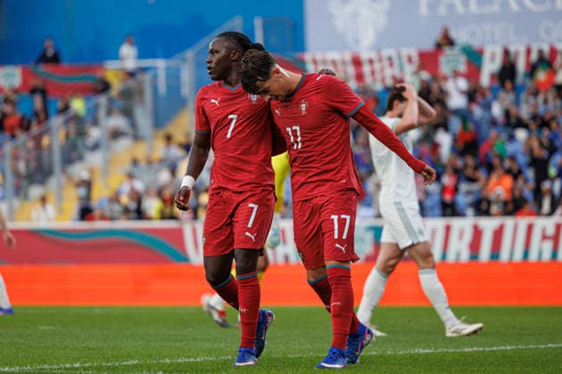 Fußball, U21, Testspiel, Portugal - Nordirland #2 Geovany Quenda Celebrating after goal during International Friendly, Länderspiel, Nationalmannschaft U21, U 21 game between teams of Portugal and North Ireland at Estadio Antonio Coimbra da Mota (Luis Loureiro Ball Raw Images PT) Oeiras Estadio Antonio Coimbra da Mota Portugal Copyright: xLuisxLoureirox LLOU0522