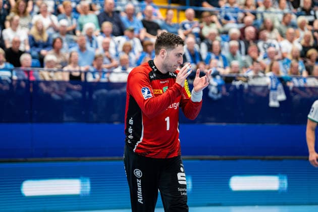Handball, HBL, TBV Lemgo - SC DHfK Leipzig #4 TBV Lemgo Lippe (GER) vs. SC DHfK Leipzig (GER), Handball, Daikin Handball Bundesliga, 33. Spieltag, 3.6.2026, Saision 2025 2026, Lemgo Domenico Ebner (SC DHfK Leipzig, 01) freut sich nach einer Parade Lemgo Phoenix Contact Arena Deutschland