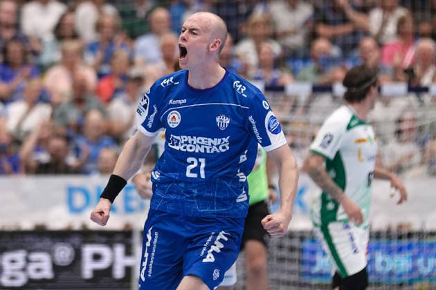 Handball, HBL, TBV Lemgo - SC DHfK Leipzig #4 2026.06.03, xkwix, Handball, HBL, TBV Lemgo Lippe - SC DHfK Leipzig, PHOENIX CONTACT arena, 33.Spieltag, Saison 2025 2026: Jubel nach Tor von Leve Carstensen (TBV Lemgo Lippe 21) Photo: xKamilxWilkowskixPressefotoKochx Nordrhein-Westfalen Deutschland