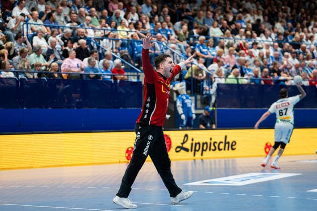 Handball, HBL, TBV Lemgo - SC DHfK Leipzig #4 TBV Lemgo Lippe (GER) vs. SC DHfK Leipzig (GER), Handball, Daikin Handball Bundesliga, 33. Spieltag, 3.6.2026, Saision 2025 2026, Lemgo Domenico Ebner (SC DHfK Leipzig, 01) jubelt nach einer Parade Lemgo Phoenix Contact Arena Deutschland