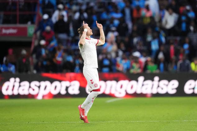 Kasper Hoegh (Denmark) gestures during DR Congo and Denmark, UEFA International Friendly, Länderspiel, Nationalmannschaft Stade Maurice Dufrasne, Liege, Belgium on June 3, 2026. Thor Wegner DeFodi Images. (Photo by DeFodi Images) -