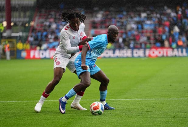 Patrick Dorgu (Denmark) and Yoane Wissa (DR Congo) battle for the ball during DR Congo and Denmark, UEFA International Friendly, Länderspiel, Nationalmannschaft Stade Maurice Dufrasne, Liege, Belgium on June 3, 2026. Thor Wegner DeFodi Images. (Photo by DeFodi Images) -