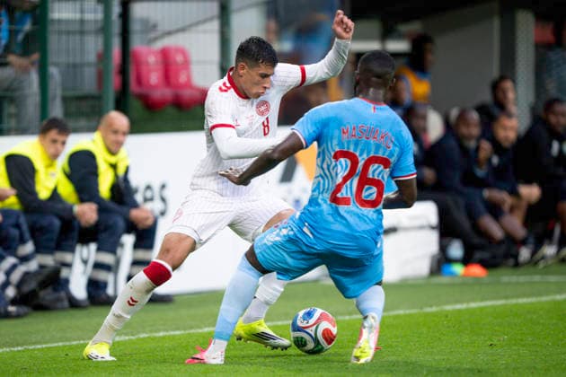 national team, Nationalteam Test Match: DR Congo - Denmark Denmark s Adam Daghim in action with DR Congo s Arthur Masuaku during the national team test match between Denmark and DR Congo at Maurice Dufrasne Stadium in Liege, Belgium on Wednesday, June 3, 2026. (Photo: Bo Amstrup Ritzau Scanpix) , Liege Belgien Mors Copyright: BoxAmrstrupx xRitzauxScanpix BoxAmstrupx spdk20260603-225156-L