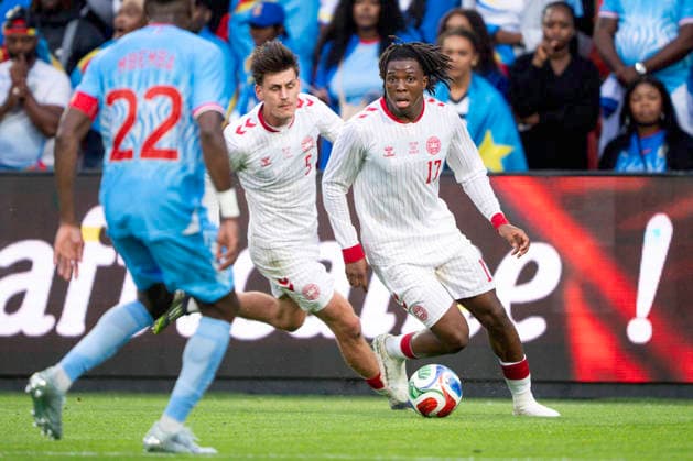 national team, Nationalteam Test Match: DR Congo - Denmark Denmark s Patrick Dorgu and Joakim Maehle in action with DR Congo s Chancel Mbemba during the national team test match between Denmark and DR Congo at Maurice Dufrasne Stadium in Liege, Belgium on Wednesday, June 3, 2026. (Photo: Bo Amstrup Ritzau Scanpix) , Liege Belgien Mors Copyright: BoxAmrstrupx xRitzauxScanpix BoxAmstrupx spdk20260603-224004-L