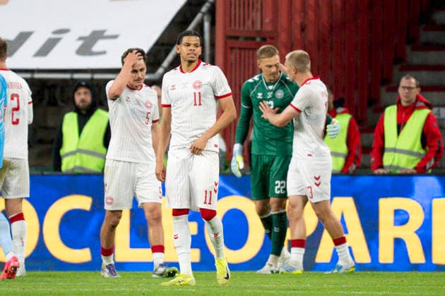 Landshold testkamp: DR Congo - Danmark Danmarks maalmand Filip Joergensen, Joakim Maehle, William Osula og Rasmus Nissen Kristensen reagerer efter landshold testkampen mellem Danmark og DR Congo paa Maurice Dufrasne Stadium i Liege i Belgien onsdag den 3. juni 2026.. , Liege Belgien Mors Copyright: BoxAmrstrupx xRitzauxScanpix BoxAmstrupx spdk20260603-221634-L