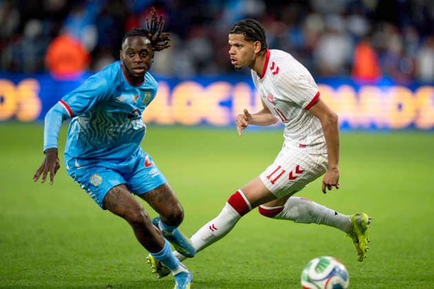 Landshold testkamp: DR Congo - Danmark Danmarks William Osula i aktion med DR Congos Aaron Wan-Bissaka under landshold testkampen mellem Danmark og DR Congo paa Maurice Dufrasne Stadium i Liege i Belgien onsdag den 3. juni 2026.. , Liege Belgien Mors Copyright: BoxAmrstrupx xRitzauxScanpix BoxAmstrupx spdk20260603-221654-L