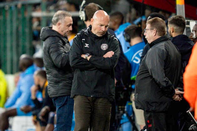 Landshold testkamp: DR Congo - Danmark Danmarks landstraener Brian Riemer reagerer i slutningen af landshold testkampen mellem Danmark og DR Congo paa Maurice Dufrasne Stadium i Liege i Belgien onsdag den 3. juni 2026.. , Liege Belgien Mors Copyright: BoxAmrstrupx xRitzauxScanpix BoxAmstrupx spdk20260603-222804-L