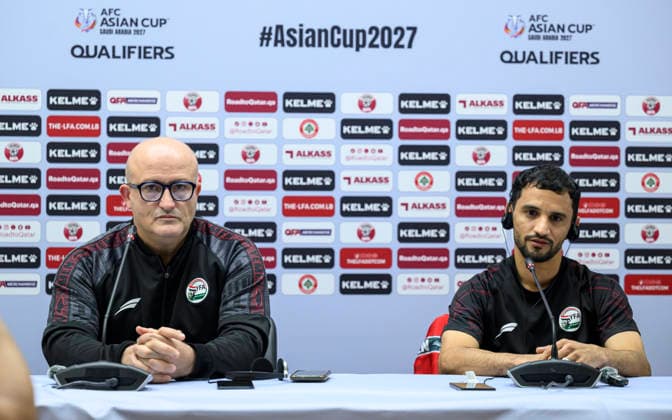 Yemen team press conference, PK, Pressekonferenz and Training Yemen national team, Nationalteam head coach Noureddine Ould Ali (L) and player Abdulwasea Al-Matari (R) are attending a press conference ahead of the Asian Cup Saudi Arabia 2027 Qualifiers Group B match between Lebanon and Yemen at Grand Hamad Stadium in Doha, Qatar, on June 3, 2026. DOHA Qatar Copyright: xNOUSHADx