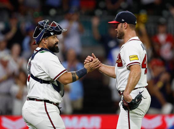 Catcher Chadwick Tromp 39 (left) and relief pitcher Tyler Kinley 45 of the Atlanta Braves celebrate after the game against the Toronto Blue Jays at Truist Park on Wednesday, June 3, 2026 in Atlanta, Georgia.  ATL20260603122 MikexZarrilli