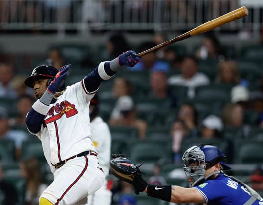 Second baseman Ozzie Albies 1 of the Atlanta Braves hits a 3-run home run in the seventh inning against the Toronto Blue Jays at Truist Park on Wednesday, June 3, 2026 in Atlanta, Georgia.  ATL20260603211 MikexZarrilli