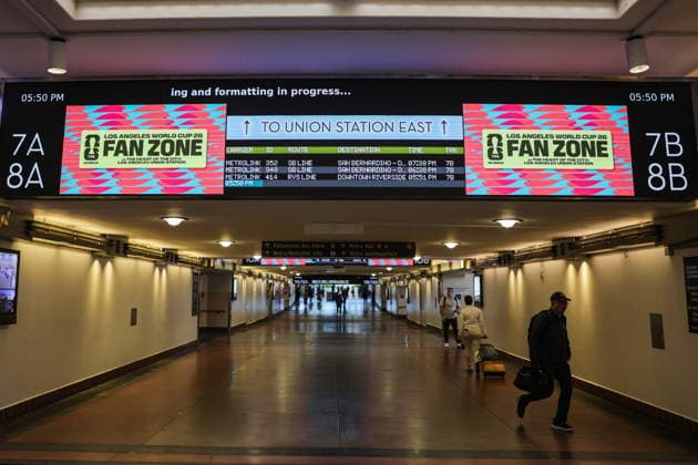 Los Angeles showcases World Cup features ahead of matches FIFA World Cup, WM, Weltmeisterschaft, Fussball signage is seen at Union Station in Los Angeles, California, USA, 03 June 2026. Transit hubs across the city are showcasing tournament graphics ahead of the FIFA World Cup, which will bring international matches and visitors to the region. LOS ANGELES CALIFORNIA UNITED STATES  Copyright: xCHRISxTORRESx