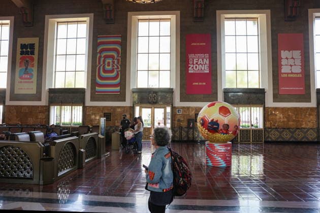 Los Angeles showcases World Cup features ahead of matches FIFA World Cup, WM, Weltmeisterschaft, Fussball signage is seen at Union Station in Los Angeles, California, USA, 03 June 2026. Transit hubs across the city are showcasing tournament graphics ahead of the FIFA World Cup, which will bring international matches and visitors to the region. LOS ANGELES CALIFORNIA UNITED STATES  Copyright: xCHRISxTORRESx