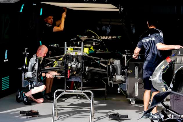 MONACO - Mechanics at work on the car of Formula 1 driver Kimi Antonelli or Mercedes AMG-Petronas Formula One Team during the Formula 1 Monaco Grand Prix on the Monaco Street Circuit on June 4, 2026 in Monaco, Monaco. (Photo by DeFodi Images) -