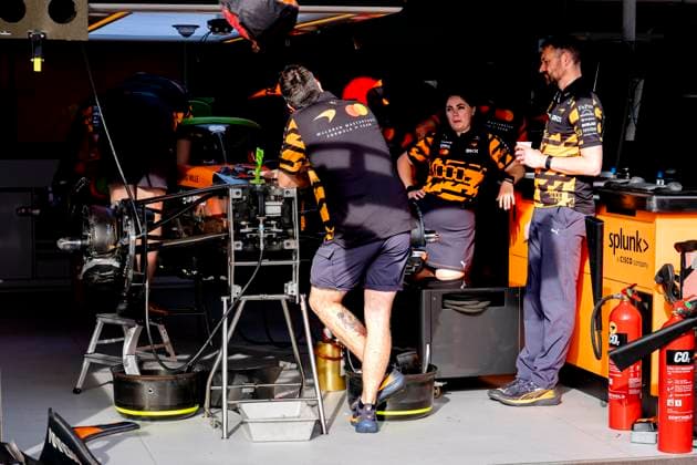 MONACO - Mechanics at work on the car of Formula 1 driver Lando Norris or McLaren Mastercard Formula 1 Team during the Formula 1 Monaco Grand Prix on the Monaco Street Circuit on June 4, 2026 in Monaco, Monaco. (Photo by DeFodi Images) -