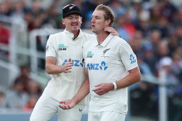 RECORD DATE NOT STATED 4th June 2026; Lords Cricket Ground, London, England; International Test Cricket, Day 1, England versus New Zealand; Kyle Jamieson of New Zealand celebrates taking a wicket HenningxvonxJagow