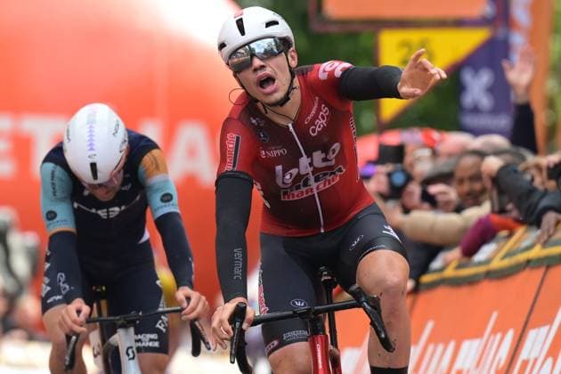 Belgian Arnaud De Lie of Lotto-Intermarche celebrates as he crosses the finish line to win the fourth stage of the Tour De Wallonie cycling race, from Dison to Eupen (166,7 km), on Thursday 04 June 2026. DAVIDxPINTENS  x175953377x