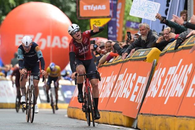 Belgian Arnaud De Lie of Lotto-Intermarche celebrates as he crosses the finish line to win the fourth stage of the Tour De Wallonie cycling race, from Dison to Eupen (166,7 km), on Thursday 04 June 2026. DAVIDxPINTENS  x175953383x