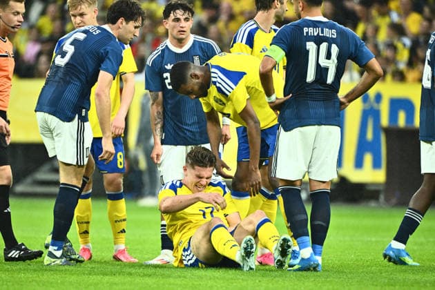 STOCKHOLM, SWEDEN 20260604 Sweden s Viktor Gyökeres is in pain during Thursday s friendly international football match between Sweden and Greece at Strawberry Arena ahead of this summer s World Cup. STOCKHOLM SWEDEN x10090x