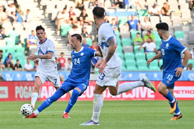 LJUBLJANA, SLOVENIA - JUNE 04: Stavros Georgiou of Cyprus (2L) in action against Benjamin Verbicof Slovenia (L) during the International men’s football Friendly match between Slovenia and Cyprus at Stadium Stozice, Ljubljana on June 04, 2026 in Ljubljana, Slovenia. (Photo by Igor Kupljenik Sports Press Photo).  Copyright: xIgorxKupljenikx xSPPx Sportspressphoto_SPR160743